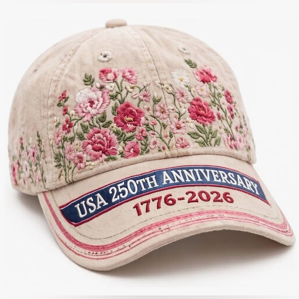 🇺🇸 USA 250th Anniversary Floral Baseball Cap - Pink with Simulated Embroidery 🌸💕